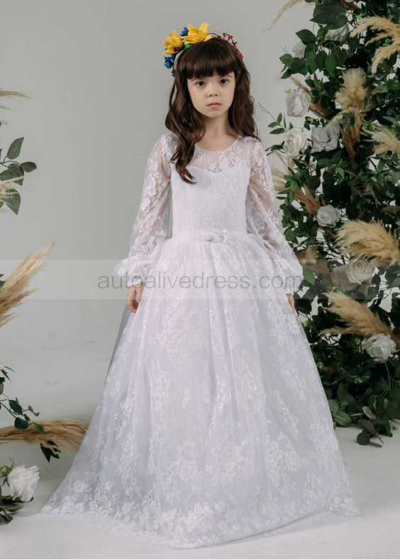 Long Sleeves White Lace Satin Romantic Flower Girl Dress